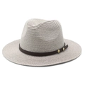 Detailed close-up of straw Fedora hat with fine texture and brown leather decorative band - M (56-58cm) / Gray
