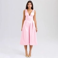Pink satin V-neck maxi dress featuring elegant pleated details and a slim silhouette - S / Pink