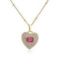 Detail of 18K gold heart necklace with red oval gemstone and pave zircon stones - Gold Color Oval Red Zirconia