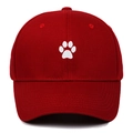 Red cotton baseball cap featuring white embroidered cartoon cat paw on the front - Adjustable / Burgundy