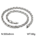 Silver stainless steel twisted rope chain necklace, 8mm thickness with lobster clasp - Steel 500x8mm