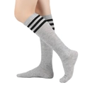 Detail of grey knee-high socks featuring three black stripes and soft knitted texture - One Size / Light Grey with Black Stripes