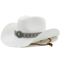 Chapeau de cowboy blanc tissé avec ruban ethnique turquoise et jugulaire réglable - Blanc Pur