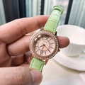 Roségoldene Damen Quarzuhr mit grünem Lederarmband und diamantbesetzter Lünette - Grün