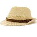 Detail of hand-woven straw hat texture featuring a brown suede band and gold buckle - M / Beige