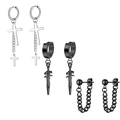 Three-pair set of black stainless steel earrings featuring cross, sword, and chain designs - Set 12 (Silver Cross/Black Sword/Black Double Chain)