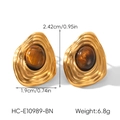Detail view of gold vintage wavy earrings with tiger eye stone including size specifications - Tiger Eye Gold Irregular Earrings (HC-E10989-BN)