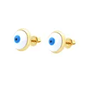 Detailed view of 18K gold plated evil eye stud earrings with blue enamel concentric pattern - White Eye