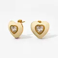 Boucles d'oreilles cœur en émail crème avec cristal scintillant taillé en forme de cœur - Blanc (KDE1918)