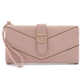 Detail of light pink long wallet featuring V-shaped quilting and a metal D-ring buckle - Pink