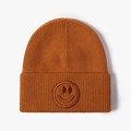 Gorro de punto caramelo con cara sonriente bordada para el calor de otoño e invierno - Talla única / Amarillo Naranja