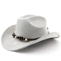 Detailed view of light grey wide brim cowboy hat with dual-tone ethnic wood bead band - M(56-58cm) / Light Gray