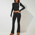 Dames set met zwart gebreid topje met lange mouwen en trendy uitlopende broek set - S / Zwart