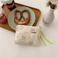 Quilted floral coin purse in off-white with orange flowers and a yellow woven zipper pull - Gourd Floral Orange