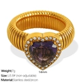 Golden stainless steel ring with heart-shaped purple zircon and small pavé stones - US Size 8 / Gold with Purple Zircon