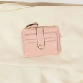 Minimalist light pink multi-slot card holder wallet with gold zipper and snap closure - Pink