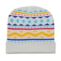 Light gray knit beanie with colorful geometric patterns and folded brim detail - Light Grey Geometric Pattern (Q)