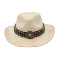 Ethnic beige felt cowboy hat with turquoise beads and vintage metal floral buckle - One Size / Beige