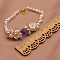 Elegant multi-layer pearl bracelet with seashell flower and purple crystal accents - Amethyst Set Pearl Style (GB0193)