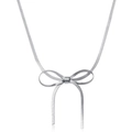 Detailed close-up of a silver bow pendant on a sleek flat snake chain necklace - Steel Color Bowknot Necklace (C-007)