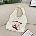 Détail du sac fourre-tout en toile blanc cassé avec imprimé dessin animé et bouton - Rouge Fleuri