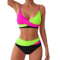 Three-color contrast color block bikini set in neon pink, green and black with high waist - S / Fluorescent Green
