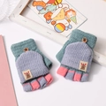 Kids knitted convertible mittens in teal, purple and pink with cartoon reindeer patch - 5-14 Years / Girl Robot-Lake Blue