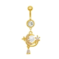 Goldener Bauchnabelpiercing mit Mond, Stern, Perle und weißen Zirkonia Steinen - Mond Stern Perle