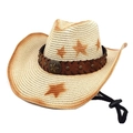 Western straw cowboy hat detail featuring bronze star badge and studded leather strap - Beige