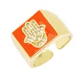Adjustable golden copper ring with orange Hamsa Hand enamel and micro-pave crystals - Orange - Hamsa Hand