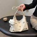Creamy white pleated shoulder bag with silver butterflies and plush cloud pendant charm - With Cloud Charm / White