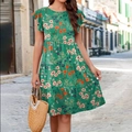 Close-up of green floral dress with ruffled sleeves and tiered layers on European street - S / Dark Green