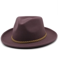 Classic wine red wool fedora hat with a woven brown band on a white background - M(56-58cm) / Purple