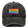 Klassische gewaschene schwarze Denim-Baseballkappe mit buntem Regenbogen-Stickpatch vorn - Einheitsgröße / Schwarz