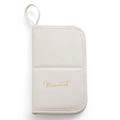 Neceser de maquillaje blanco portátil con logo dorado y asa elegante textura cuero - Beige