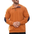 Heren jacquard polotrui in mosterdgeel met blauwe elleboogstukken en knoopsluiting - S / Karamel