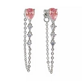 Detail of silver drop earrings with pink pear-shaped stone and white diamond tassels - 24K / Pink Teardrop Stone Silver Tassel Style (JQH0240-S-5)