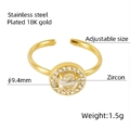 Adjustable 18K gold plated stainless steel ring with 9.4mm zircon halo center - Round Ring (597) - White Zircon