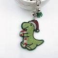Sparkling green rhinestone dinosaur keychain with Christmas hat and tassel decoration - Christmas Dinosaur