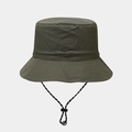 Detail of waterproof olive green bucket hat featuring reinforced stitching and wind cord - Army Green