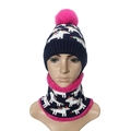 Ensemble d'hiver tricoté pour enfants avec bonnet à pompon et écharpe motif licorne - Bleu marine