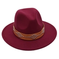 Detail of burgundy wool fedora hat featuring brown leather band with silver metal studs - M (56-58cm) / Burgundy