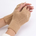 Stylish camel knit fingerless gloves with ribbed cuffs for winter warmth and flexibility - Beige