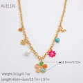 Gold necklace with colorful floral pendants, metal butterfly, and pearl charms for women - XL31131 Camellia Butterfly Elegant Style