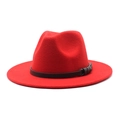 Macro detail of red wool fedora hat featuring black leather band and metal buckle accent - M (56-58cm) / Red
