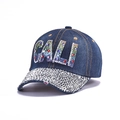 Dark blue denim baseball cap with crystal CALI lettering and rhinestone brim - 14-CALI Letters-Dark Blue