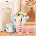 Handcrafted crochet flower bouquet in pink bucket with a rose black tea gift set - Tea Canister + Gift Bag + Card / Blue Goddess Day Puff Hug Bucket