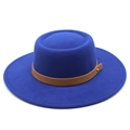 Detail of wool felt boater hat with brown leather band and gold metal rivet accents - M (56-58cm) / Blue