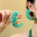 Detailed view of turquoise chiffon flower C-shaped earrings with gold metal accents. - 80# Silver Post Style