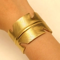 Golden open feather cuff bracelet with detailed texture in stainless steel for women - Feather Wide Style (A-1294)